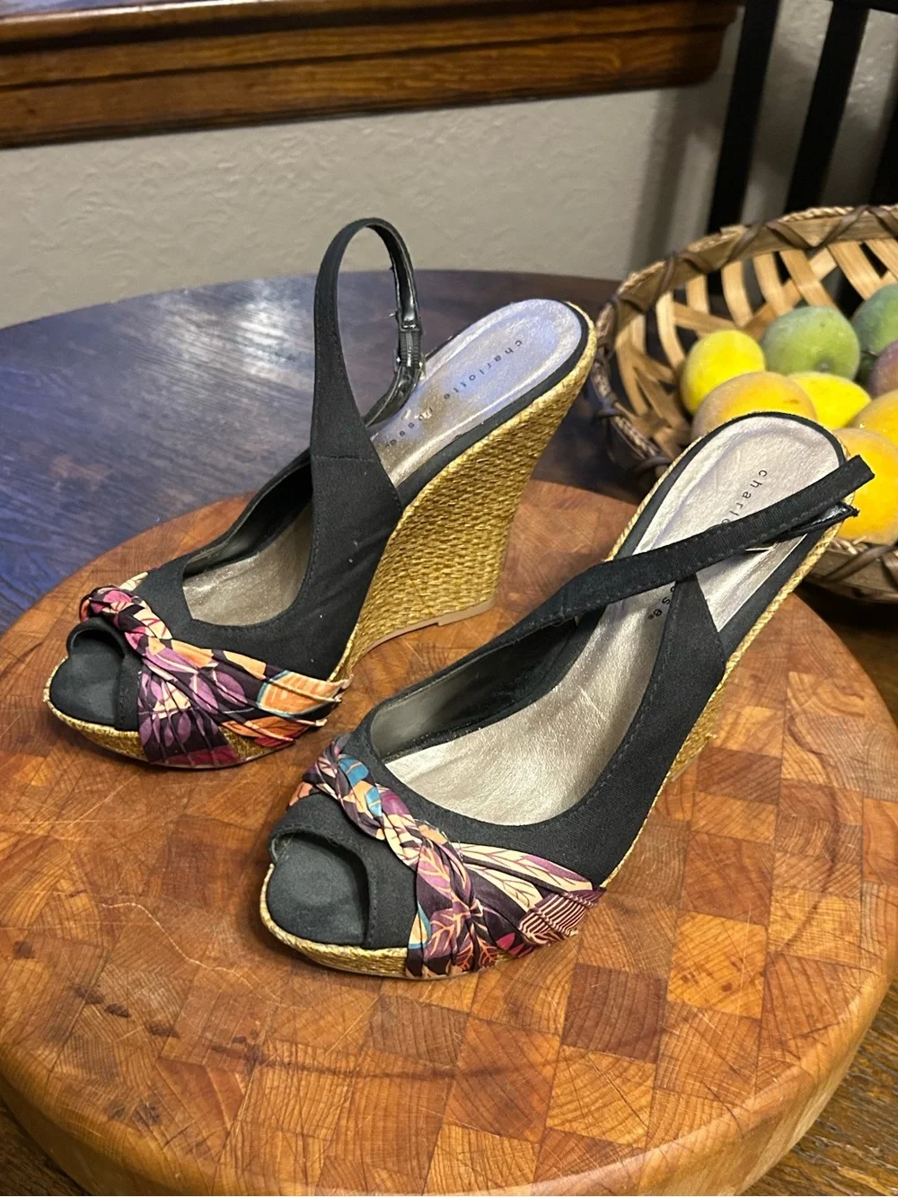 Charlotte Russe Black Slingback Wedge Heels with Multicolor Floral Knot